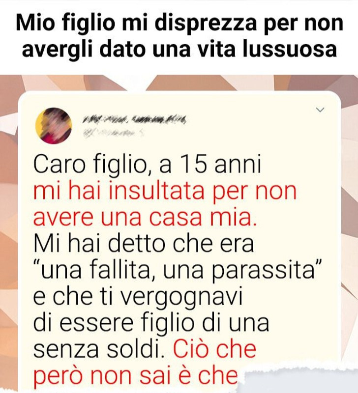 Mio figlio mi disprezza per non avergli dato una vita lussuosa